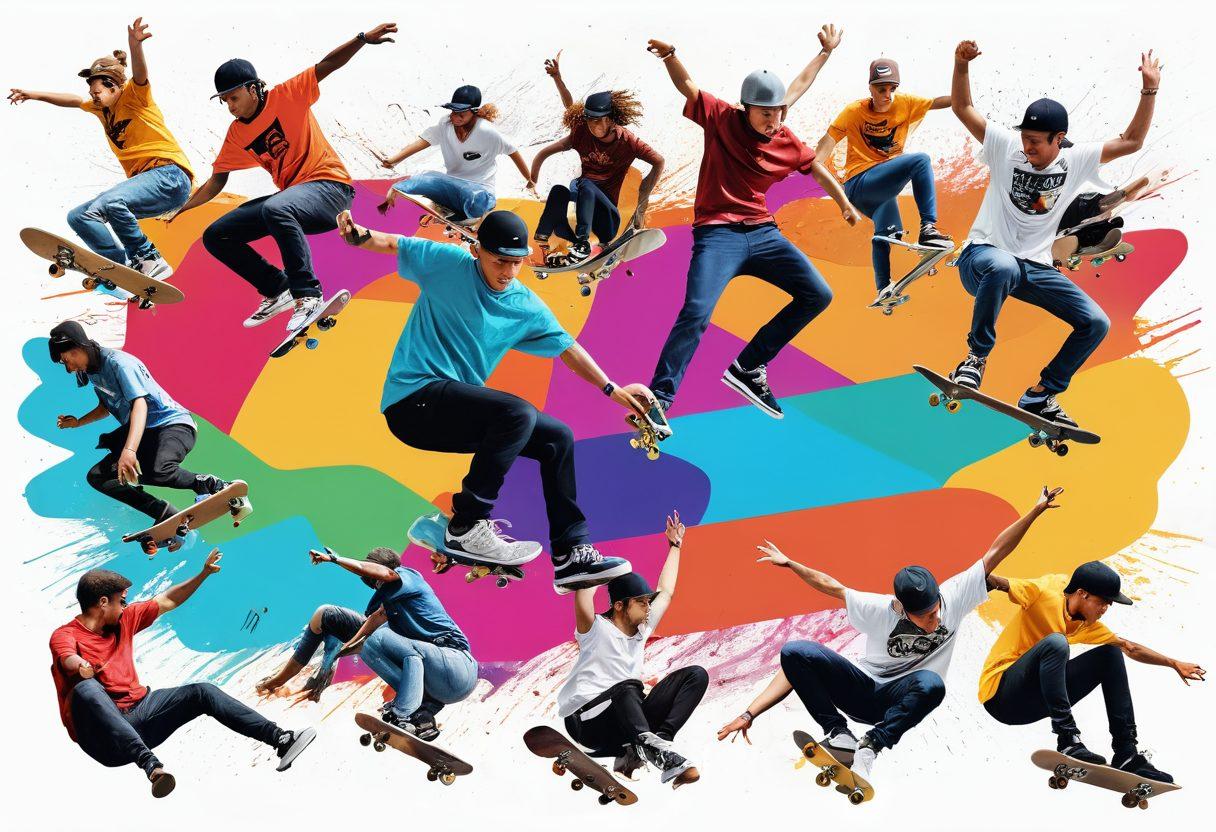A vibrant collage showcasing skaters in action, capturing the energy of a bustling skate park intertwined with digital elements representing content creation like laptops, cameras, and social media icons. Include diverse skaters engaging in sharing stories and creating videos, reflecting community and culture. Use dynamic angles and bright colors to enhance motion and excitement. modern digital art. vibrant colors. white background.