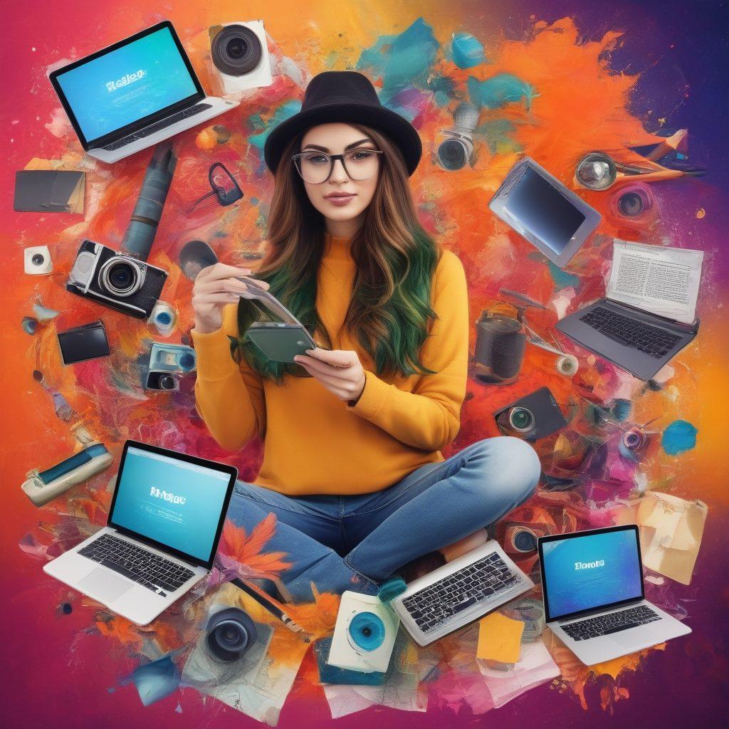 A vibrant and colorful collage showcasing diverse bloggers from the Sketer community engaging in creative activities. Each person is depicted with unique artistic tools, like cameras, sketch pads, and laptops, set against a background of abstract swirling colors symbolizing creativity. Incorporate elements like social media icons and blog posts floating around to emphasize the digital age of blogging. The atmosphere should feel lively and inspiring. super-realistic. vibrant colors. digital art.